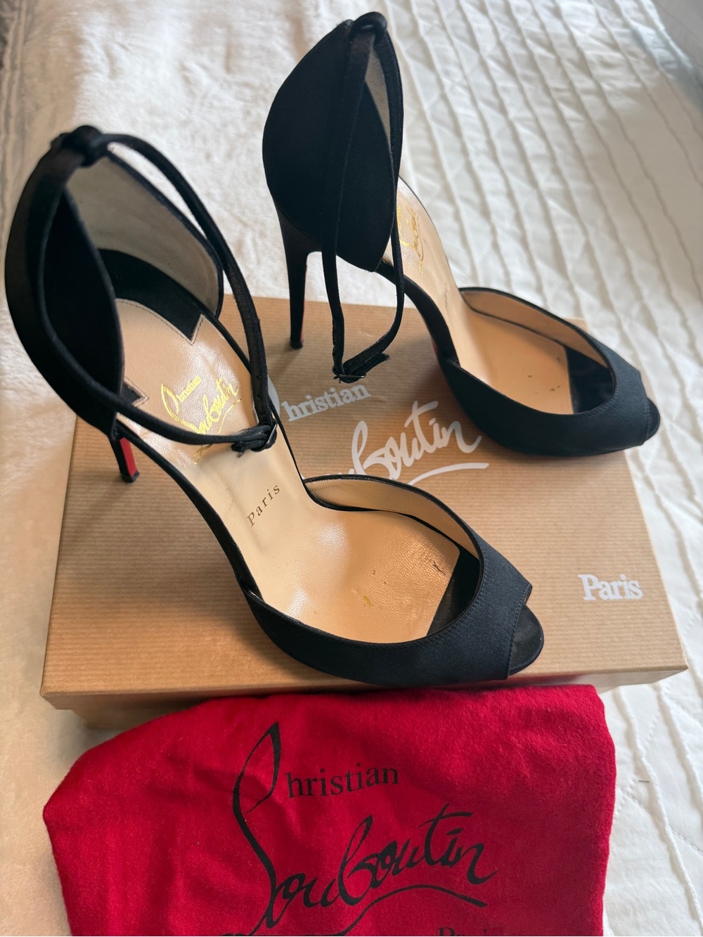 Christian Louboutin Black Satin Peep-Toe Ankle-Strap Stilettos